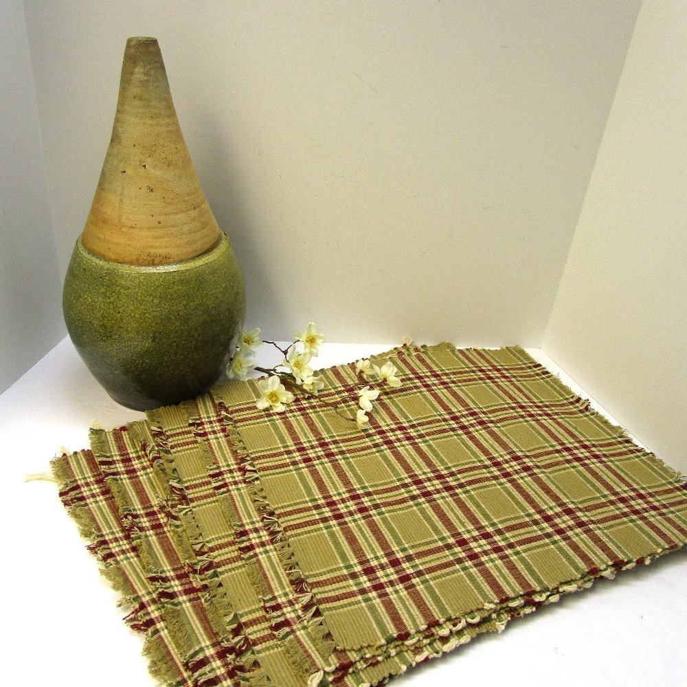 Woven Placemats Set of 8 Autumn Fall Table Setting Plaid Burgundy Beige Green